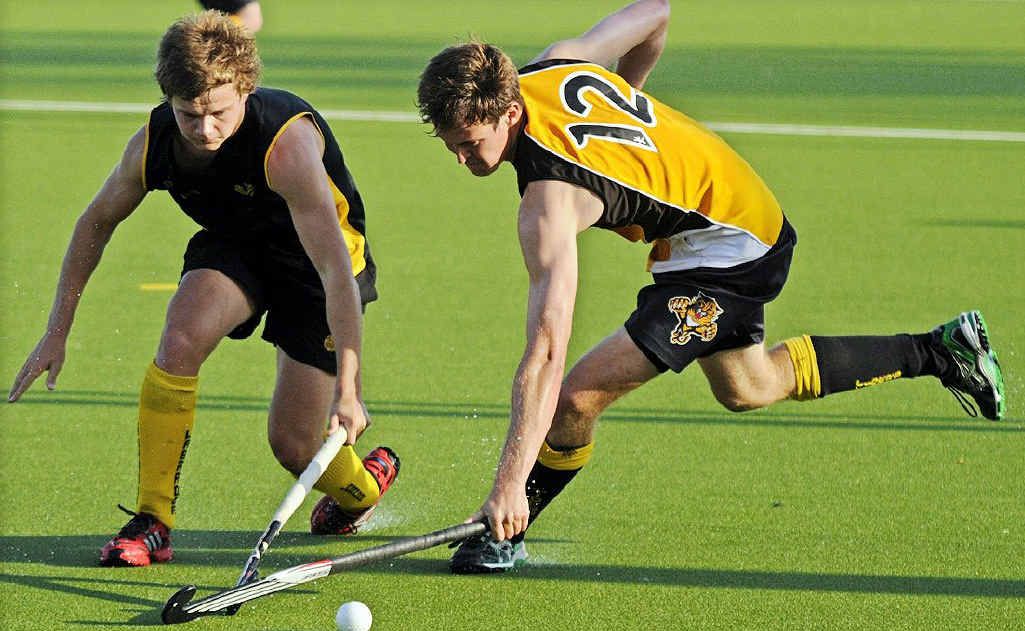 Easts player Daniel Billingsley (right) battles with Labrador’s Kyle Gildea during Sunday’s TigerTurf Cup Plate final at Carina. Ipswich won 3-2. Easts player Daniel Billingsley (right) battles with Labrador’s Kyle Gildea during Sunday’s TigerTurf Cup Plate final at Carina. Ipswich won 3-2.